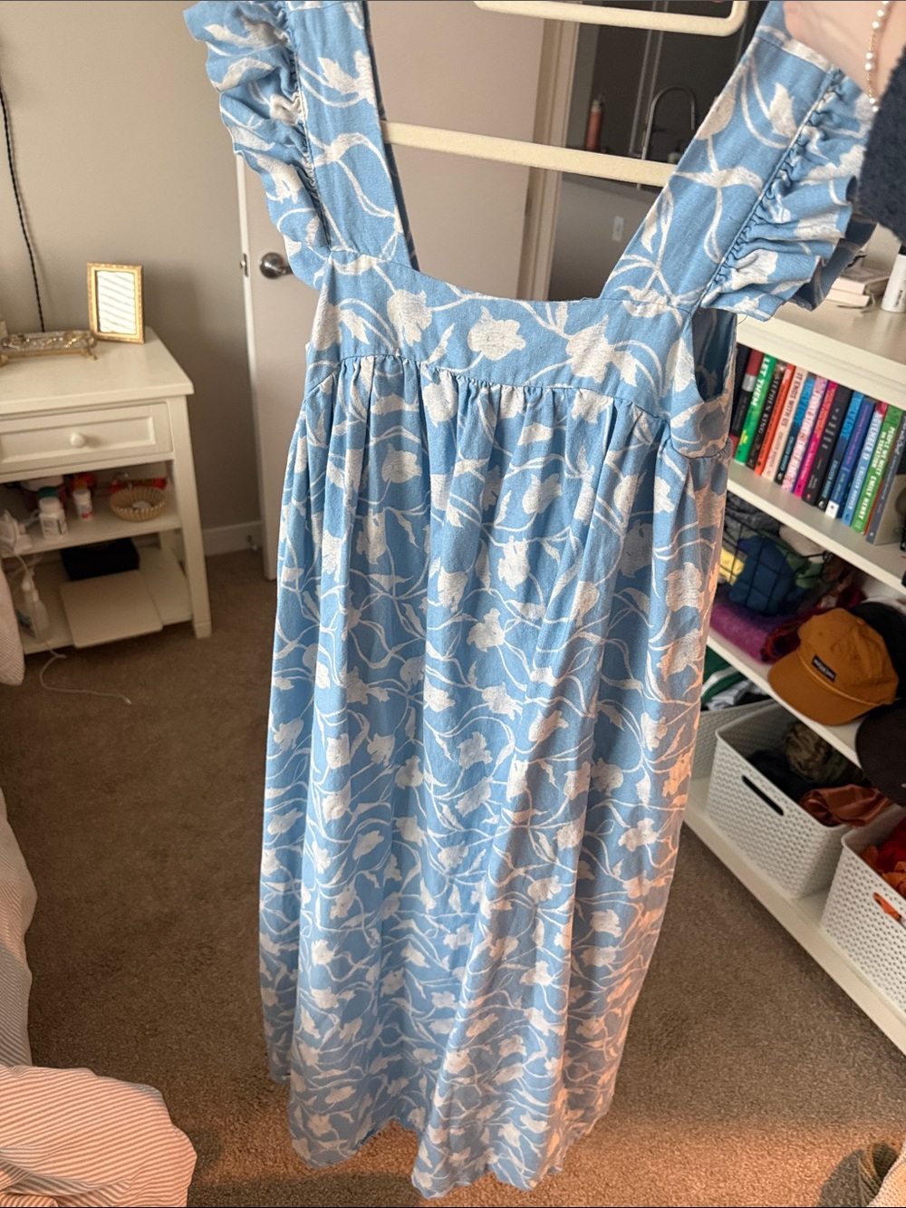 Light Blue Floral Ruffle-Sleeve Midi Dress